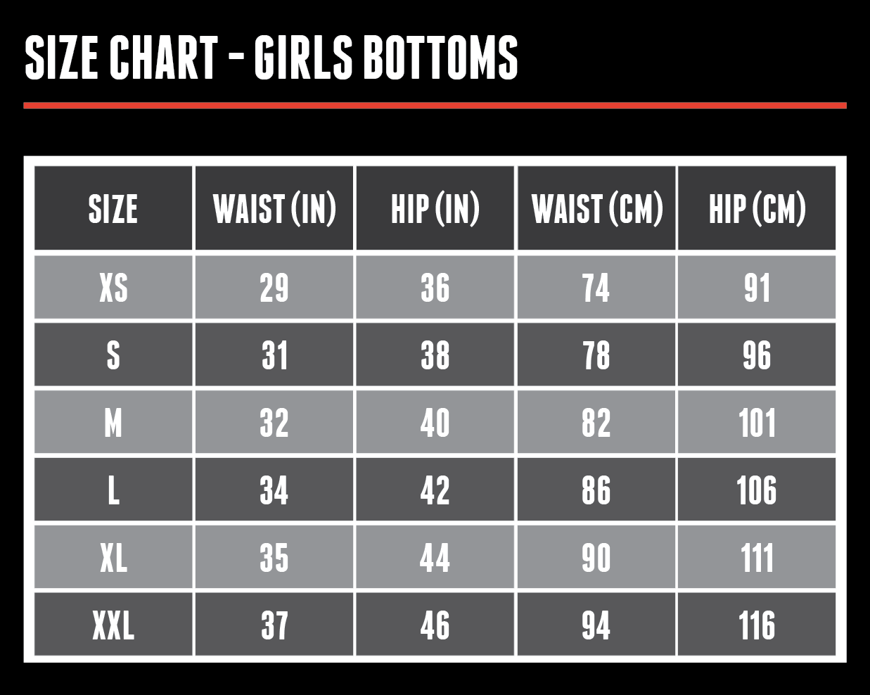 Size Chart – Girls Bottoms
